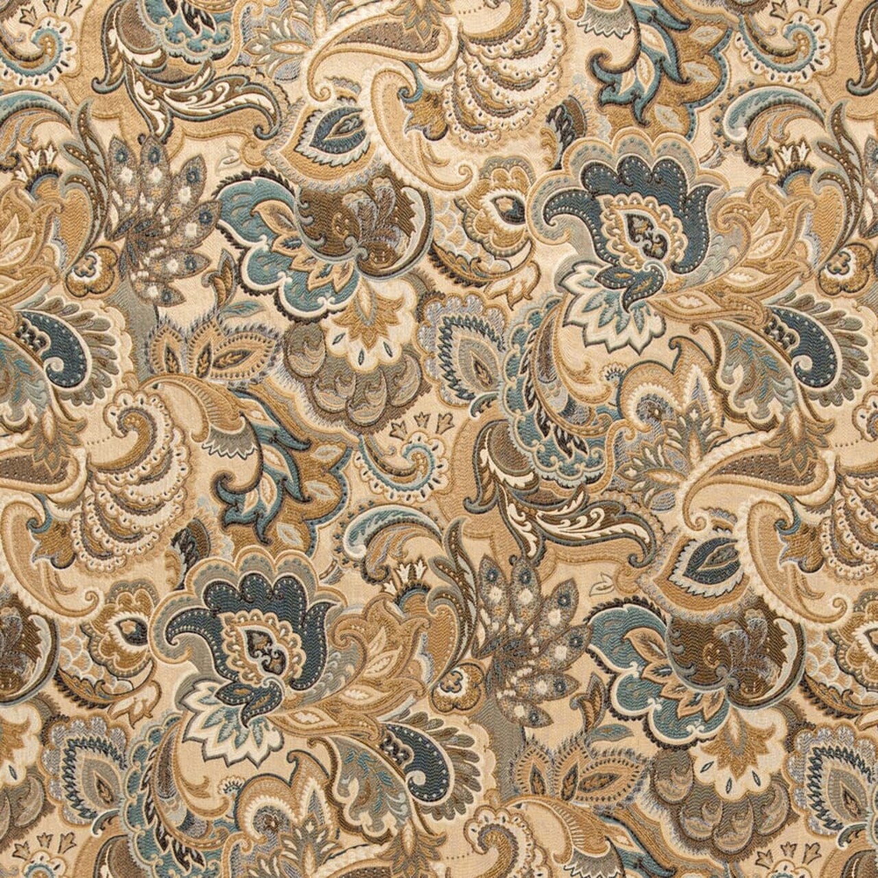 Gold Blue and Green Abstract Paisley Upholstery Fabric by The Yard - Sku: Ballard Laguna